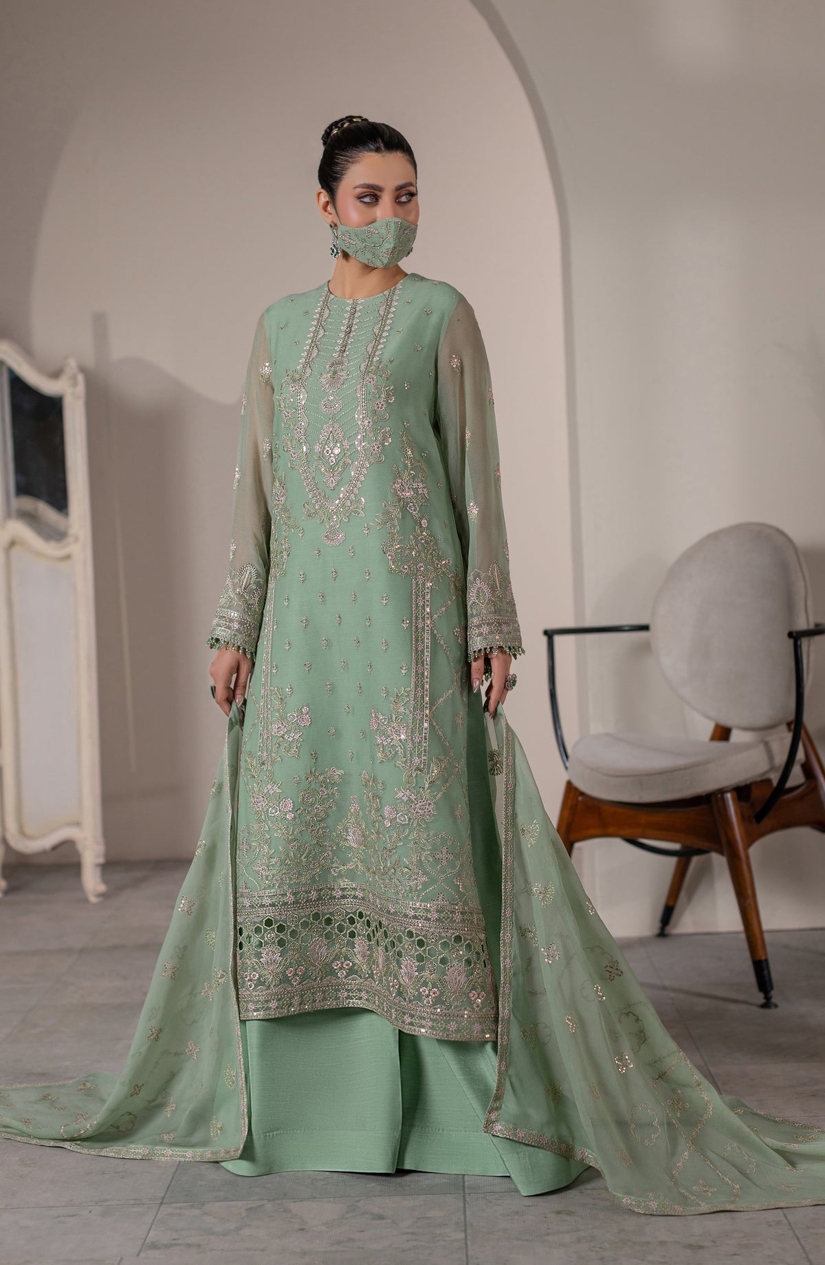 Dilkash Kuch Khas by Flossie Embroidered Chiffon Unstitched 3 Piece Suit - D6 (A) - FLS26DLK - Green - Luxury Collection