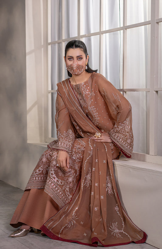 Dilkash Kuch Khas by Flossie Embroidered Chiffon Unstitched 3 Piece Suit - D5 (B) - FLS26DLK - Rust - Luxury Collection