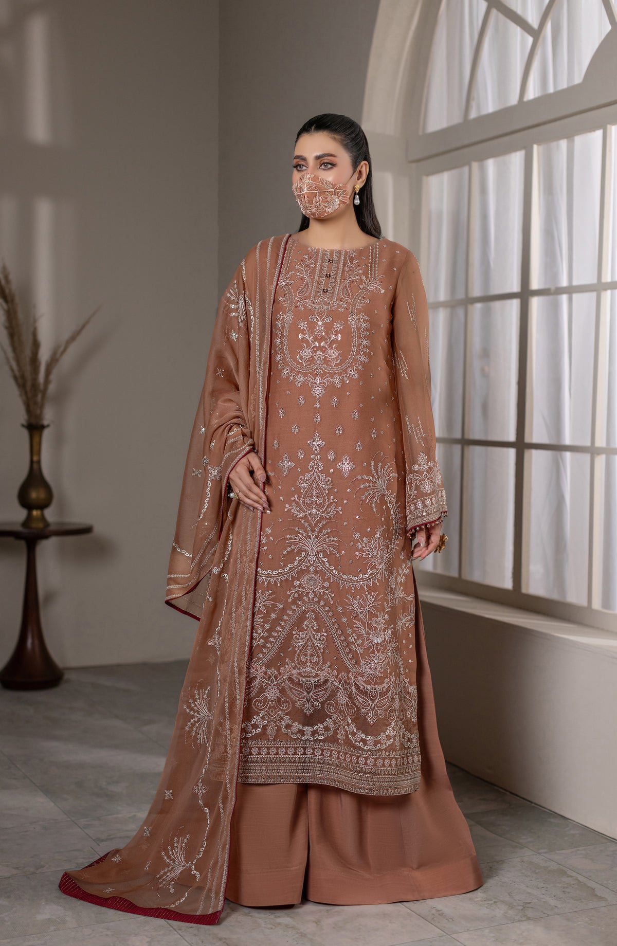 Dilkash Kuch Khas by Flossie Embroidered Chiffon Unstitched 3 Piece Suit - D5 (B) - FLS26DLK - Rust - Luxury Collection