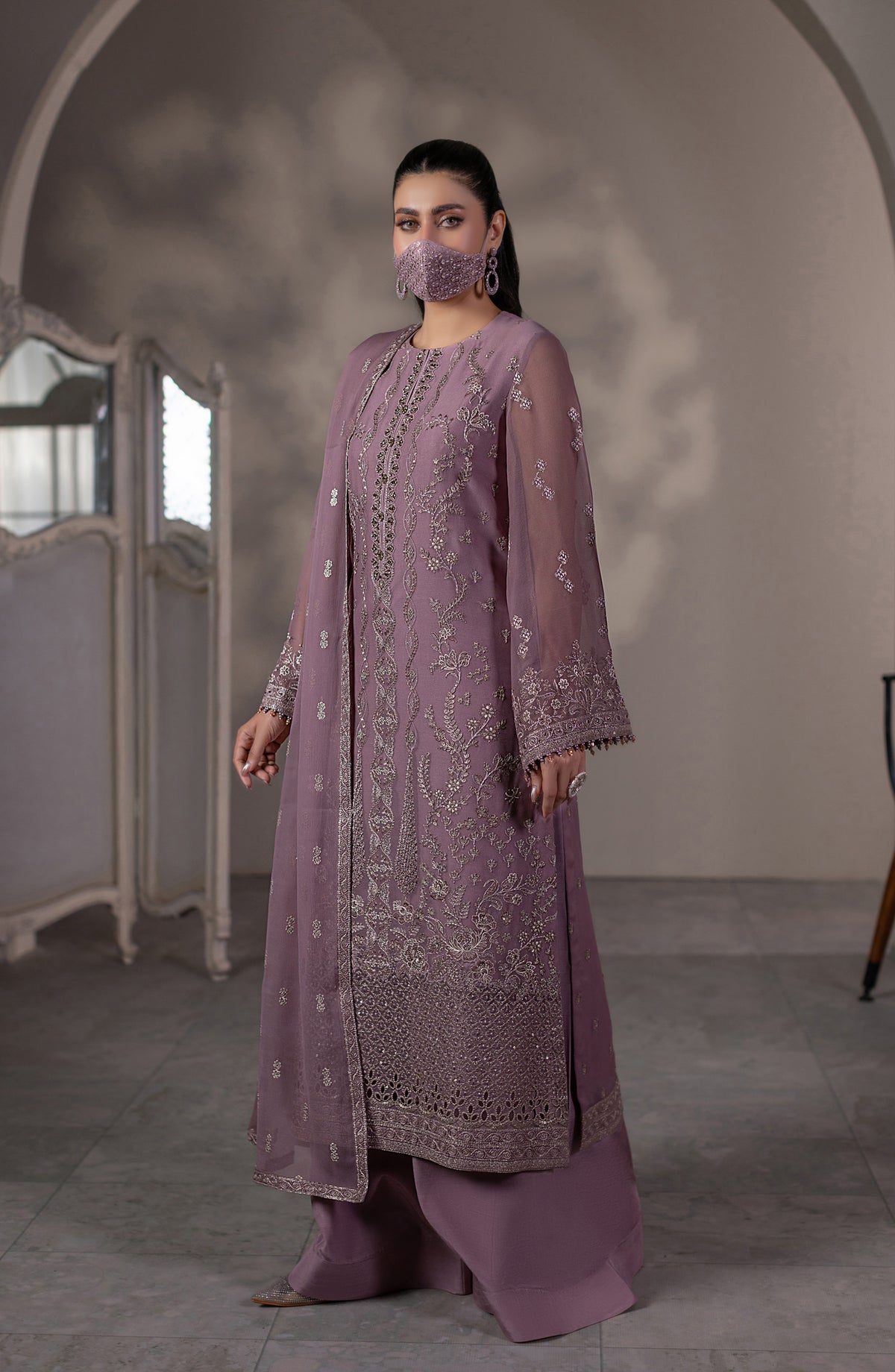 Dilkash Kuch Khas by Flossie Embroidered Chiffon Unstitched 3 Piece Suit - D3 (B) - FLS26DLK - Purple - Luxury Collection