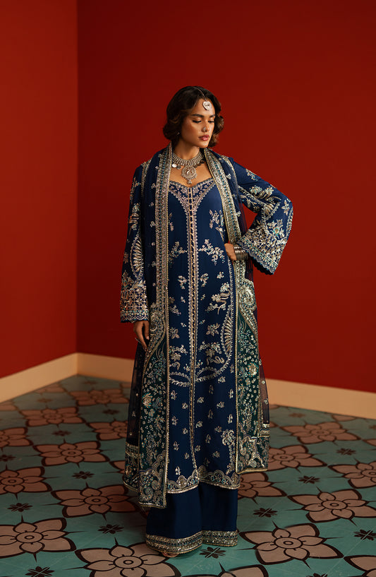 Divani by Afrozeh The Silk Edit Embroidered Raw Silk Unstitched 3 Piece Suit - AS-25-06 MAHVEEN - AF25DV - Blue - Luxury Festive Collection