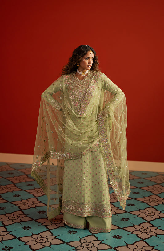 Divani by Afrozeh The Silk Edit Embroidered Raw Silk Unstitched 3 Piece Suit - AS-25-05 SHAHWAR - AF25DV - Green - Luxury Festive Collection