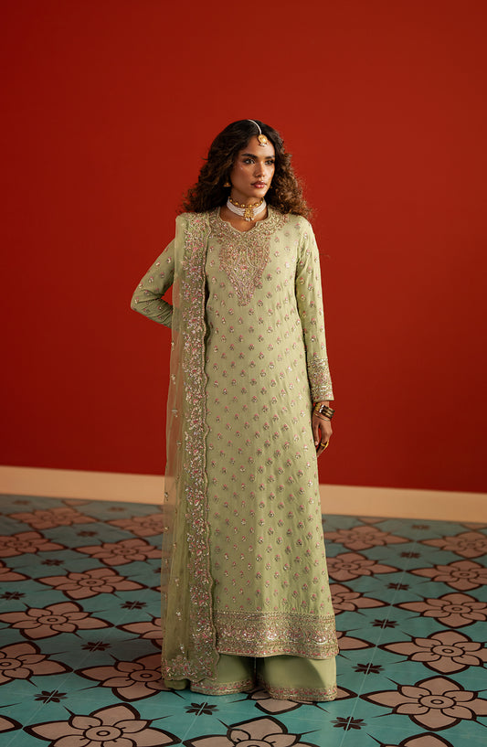 Divani by Afrozeh The Silk Edit Embroidered Raw Silk Unstitched 3 Piece Suit - AS-25-05 SHAHWAR - AF25DV - Green - Luxury Festive Collection