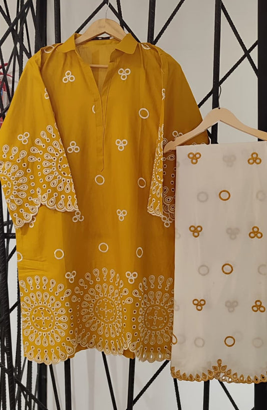 Dur e Hawa by Amna Khadija Embroidered Cotton Lawn Stitched 2 Piece Suit - AKDH-LP-01-B - AM26HWD - Mustard - Summer Collection