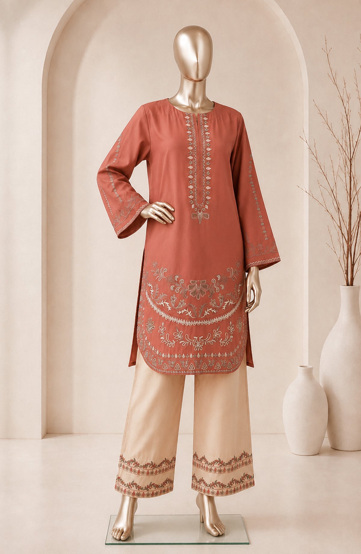 Dur e Hawa by Amna Khadija Embroidered Cotton Lawn Stitched 2 Piece Suit - AKDH-UG-34-B - AM26HWD - Rust - Summer Collection