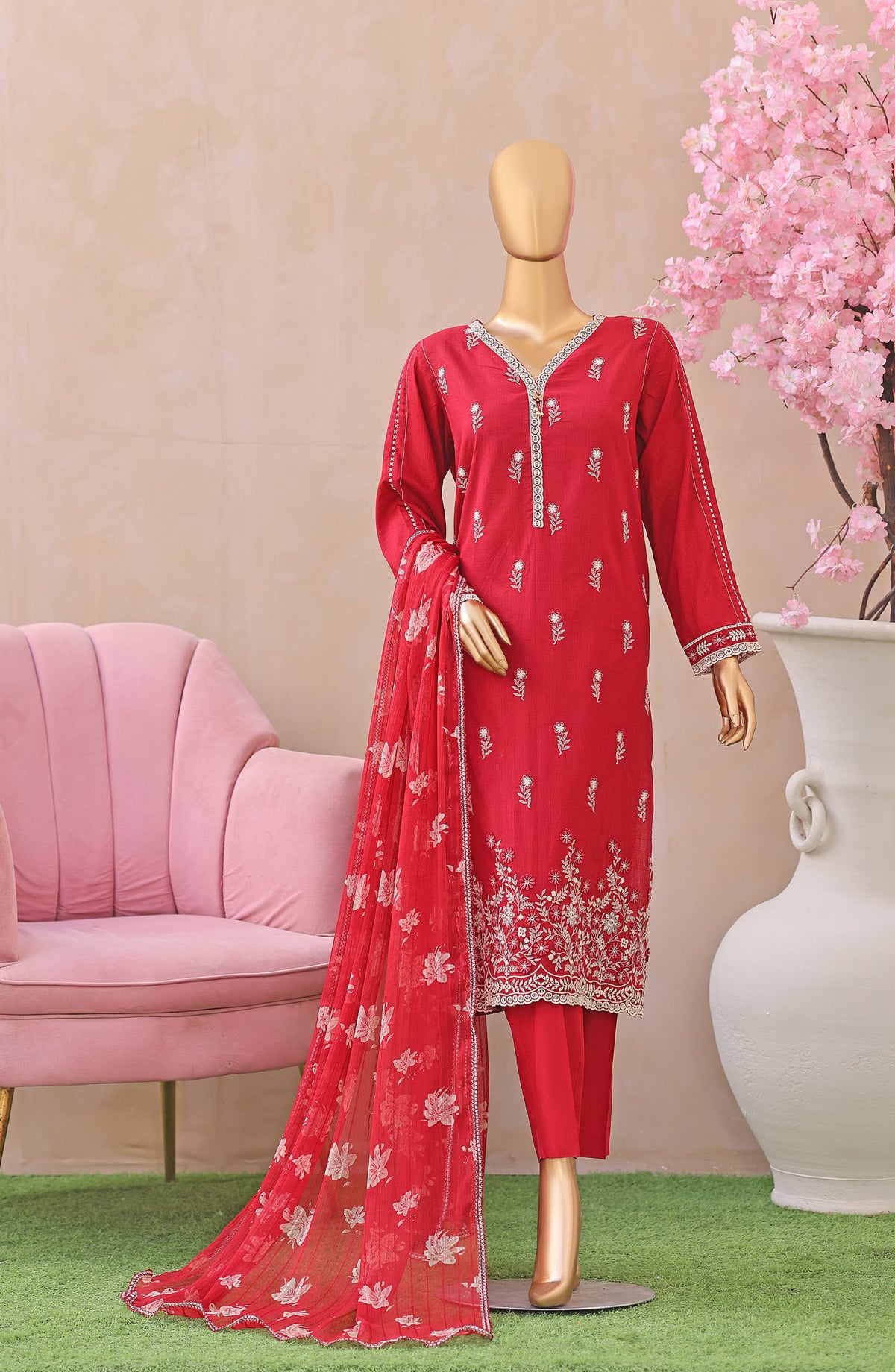 Dynasty by HZ Embroidered Lawn Unstitched 3 Piece Suit - D-04 - HZ26THR - Red - Summer Collection