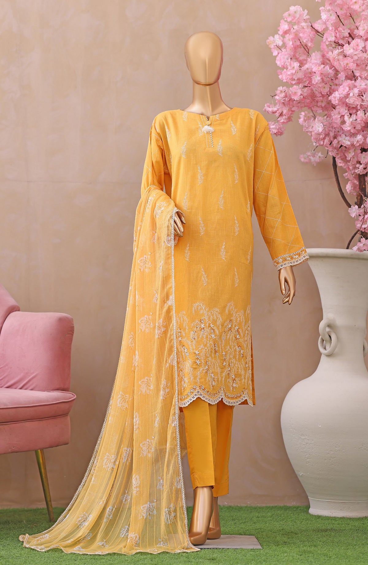 Dynasty by HZ Embroidered Lawn Unstitched 3 Piece Suit - D-02 - HZ26THR - Yellow - Summer Collection