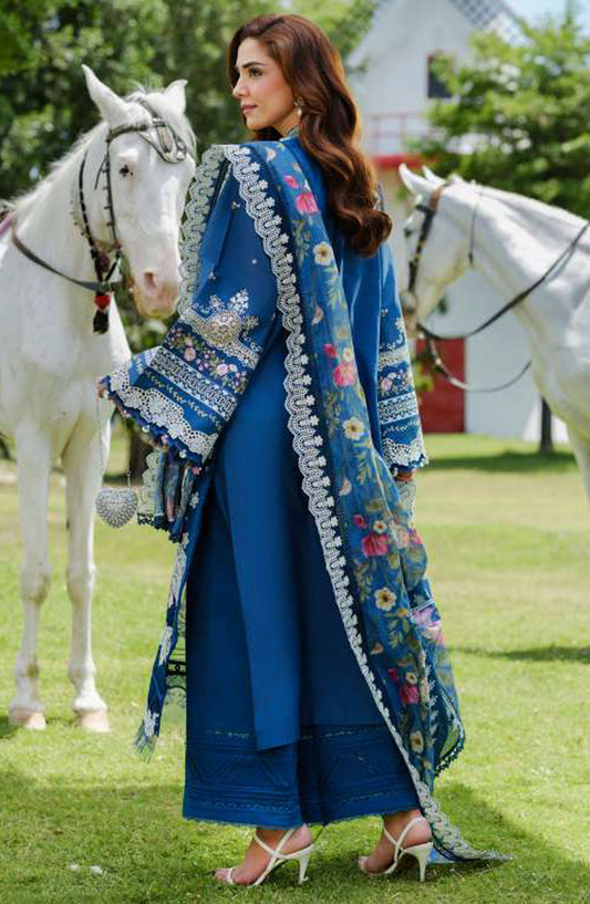 Elaf Embroidered Luxury Lawn Unstitched 3 Piece Suit - EL25ULL2 - ELH-2A Ziva - Blue - Summer Collection
