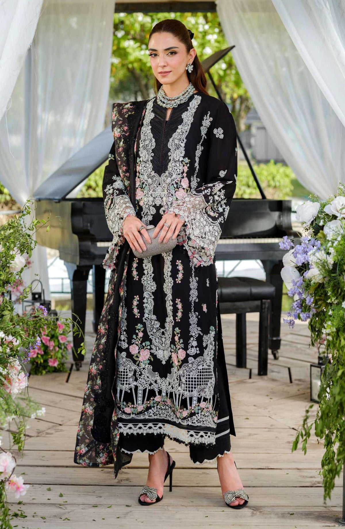 Elaf Embroidered Luxury Lawn Unstitched 3 Piece Suit - EL25ULL2 - ELH-6A Serena - Black - Summer Collection