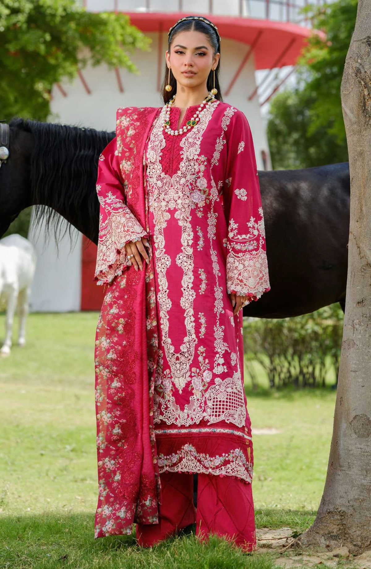 Elaf Embroidered Luxury Lawn Unstitched 3 Piece Suit - EL25ULL2 - ELH-6B Juliet - Shocking Pink - Summer Collection