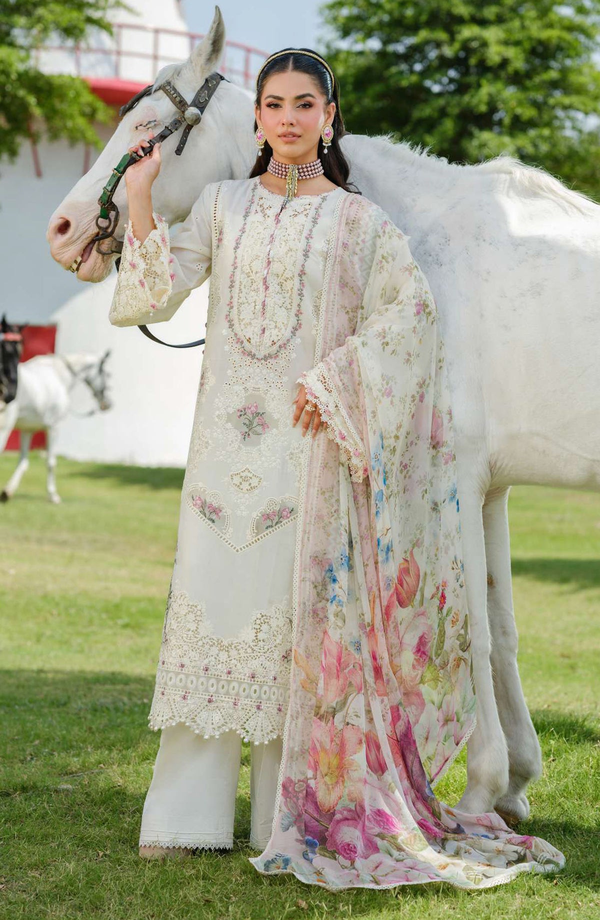 Elaf Embroidered Luxury Lawn Unstitched 3 Piece Suit - EL25ULL2 - ELH-7A White Empress - White - Summer Collection