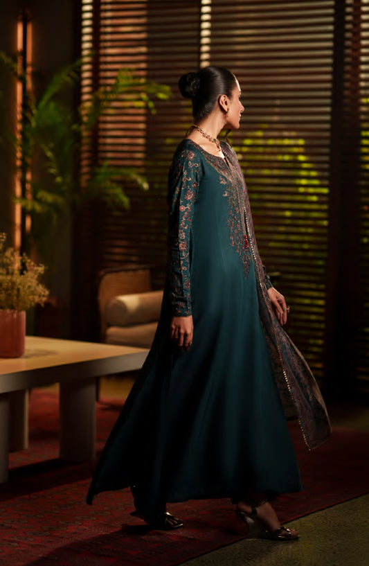 Eala by Casual Lite Embroidered Silk Viscose Stitched 3 Piece Suit - Azure Noir - CL26EAA - Teal - Festive Collection