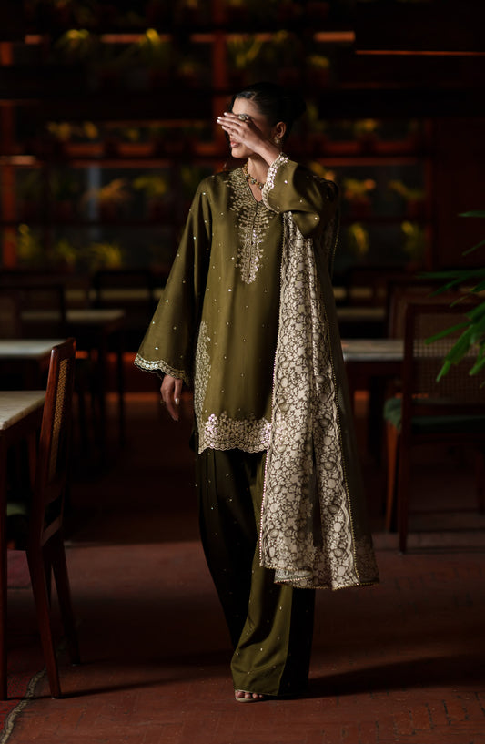 Eala by Casual Lite Embroidered Silk Viscose Stitched 3 Piece Suit - Verdant Heirloom - CL26EAA - Green - Festive Collection