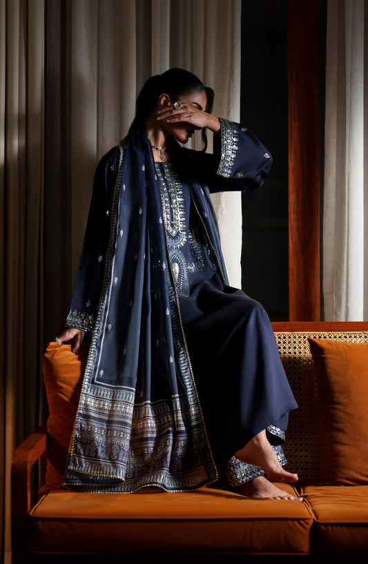 Eala by Casual Lite Embroidered Silk Viscose Stitched 3 Piece Suit - Nocturne - CL26EAA - Blue - Festive Collection