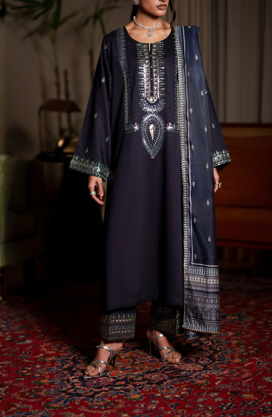 Eala by Casual Lite Embroidered Silk Viscose Stitched 3 Piece Suit - Nocturne - CL26EAA - Blue - Festive Collection