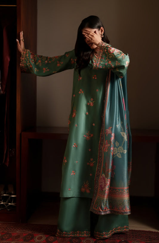 Eala by Casual Lite Embroidered Silk Viscose Stitched 3 Piece Suit - Elara - CL26EAA - Green - Festive Collection