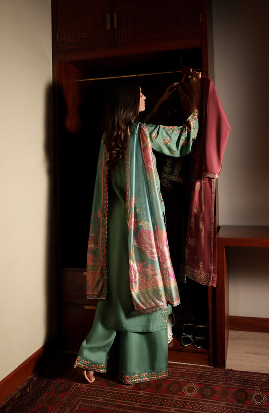 Eala by Casual Lite Embroidered Silk Viscose Stitched 3 Piece Suit - Elara - CL26EAA - Green - Festive Collection