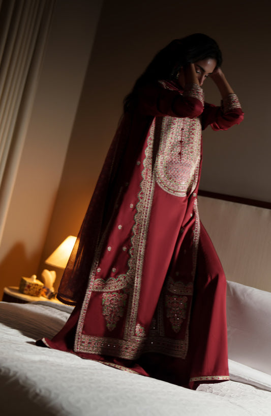Eala by Casual Lite Embroidered Silk Viscose Stitched 3 Piece Suit - Noorea - CL26EAA - Red - Festive Collection