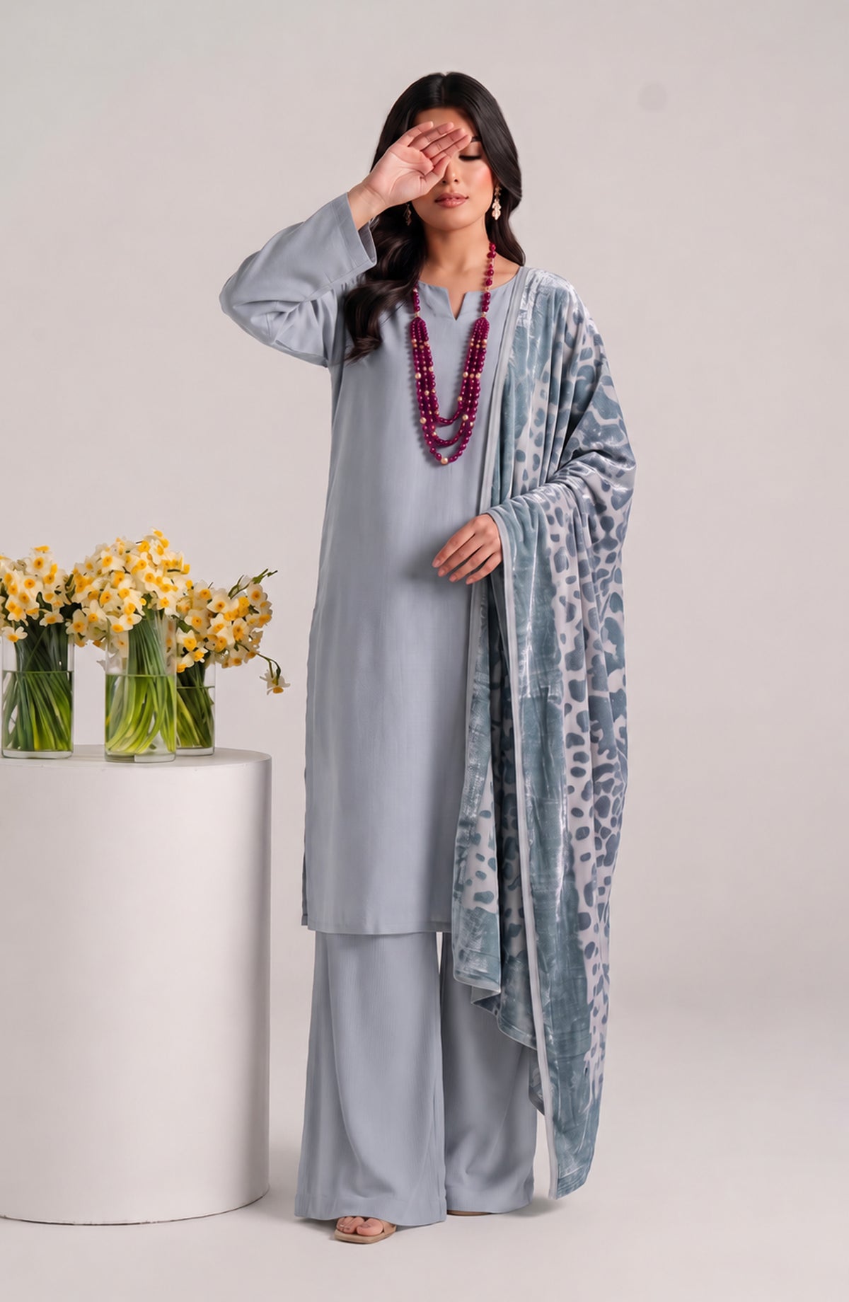 Eclat De Lilas Palachio by Amna Khadija Moonlight Unstitched 3 Piece Suit - AKED-08 - AM26EDP - Grey - Winter Collection