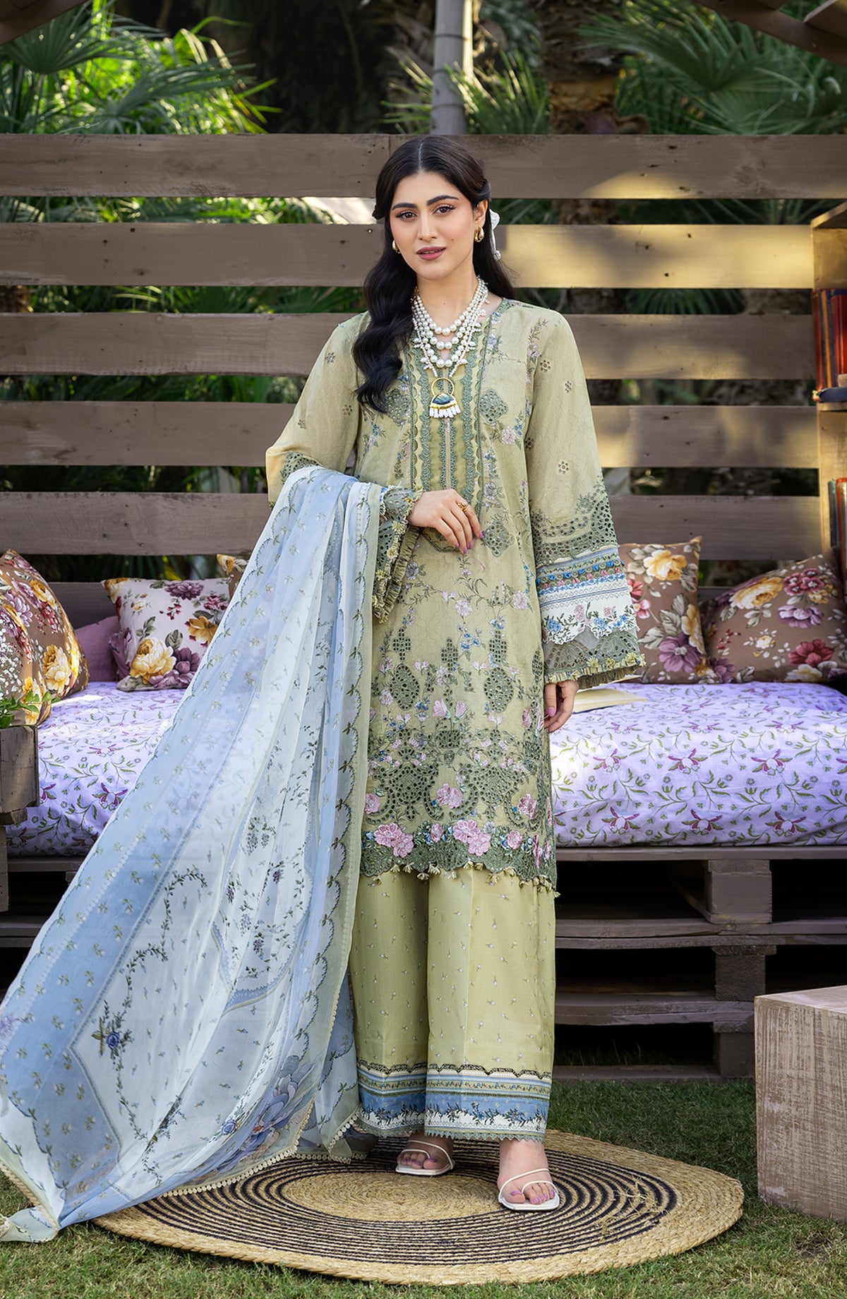 Elaf Embroidered Chikankari Lawn Unstitched 3 Piece Suit - ERC-8B Menah - EL26CHK - Green - Summer Collection