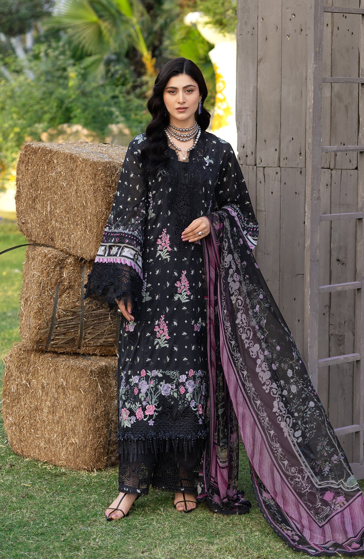Elaf Embroidered Chikankari Lawn Unstitched 3 Piece Suit - ERC-7A Arzo - EL26CHK - Black - Summer Collection