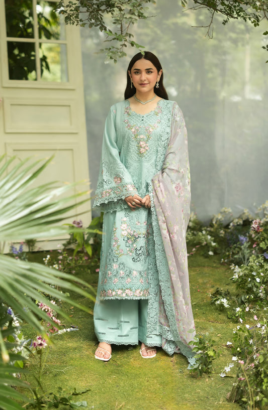 Elaf Luxury Embroidered Lawn Unstitched 3 Piece Suit - ELQ-6B - EL26UNS - Ferozi - Summer Collection