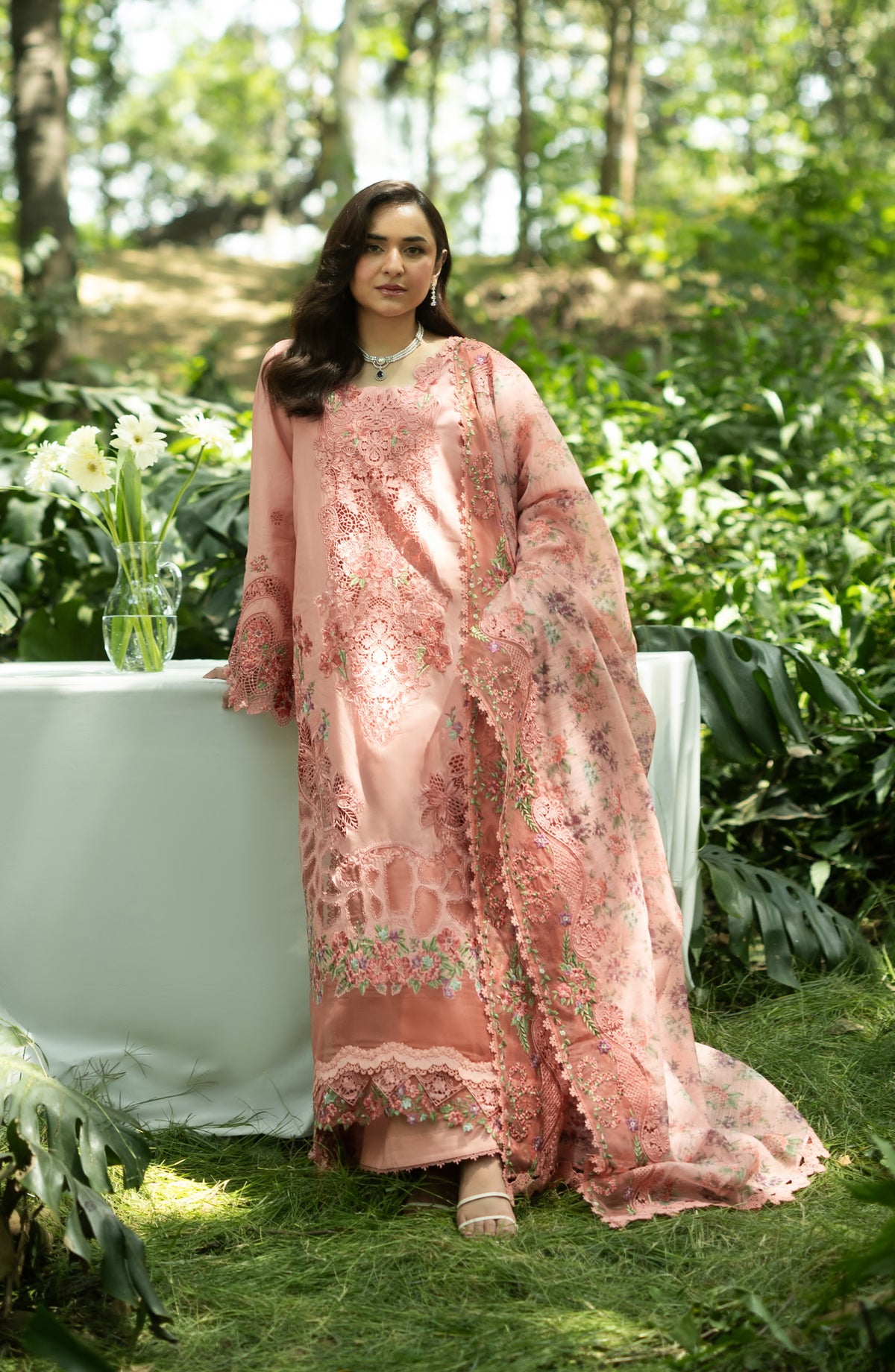 Elaf Luxury Embroidered Lawn Unstitched 3 Piece Suit - ELQ-5A - EL26UNS - Pink - Summer Collection
