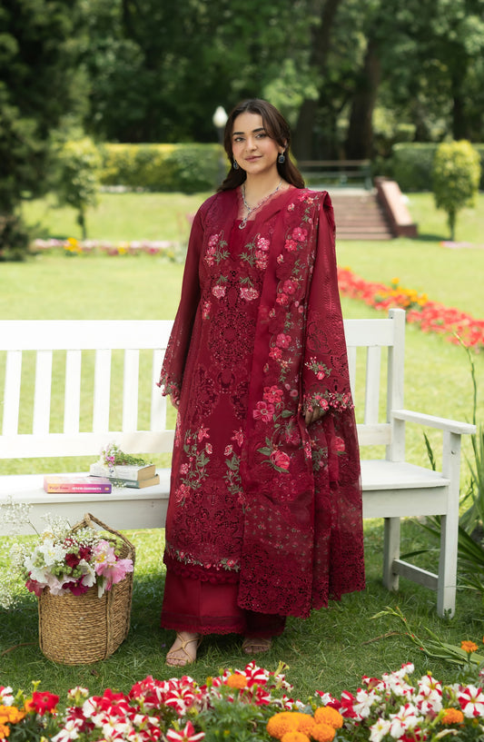 Elaf Luxury Embroidered Lawn Unstitched 3 Piece Suit - ELQ-4A - EL26UNS - Maroon - Summer Collection