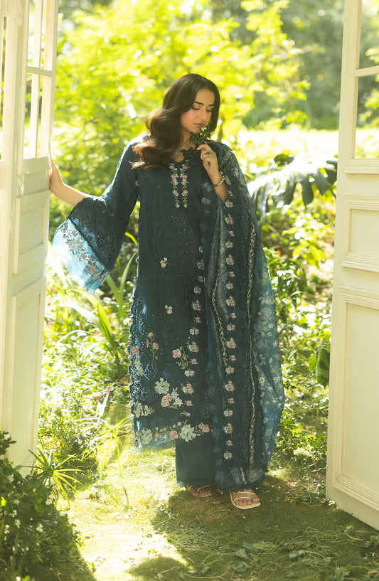 Elaf Luxury Embroidered Lawn Unstitched 3 Piece Suit - ELQ-3B - EL26UNS - Blue - Summer Collection