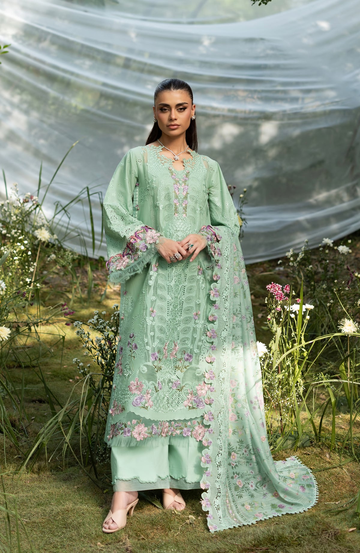 Elaf Luxury Embroidered Lawn Unstitched 3 Piece Suit - ELQ-3A - EL26UNS - Green - Summer Collection