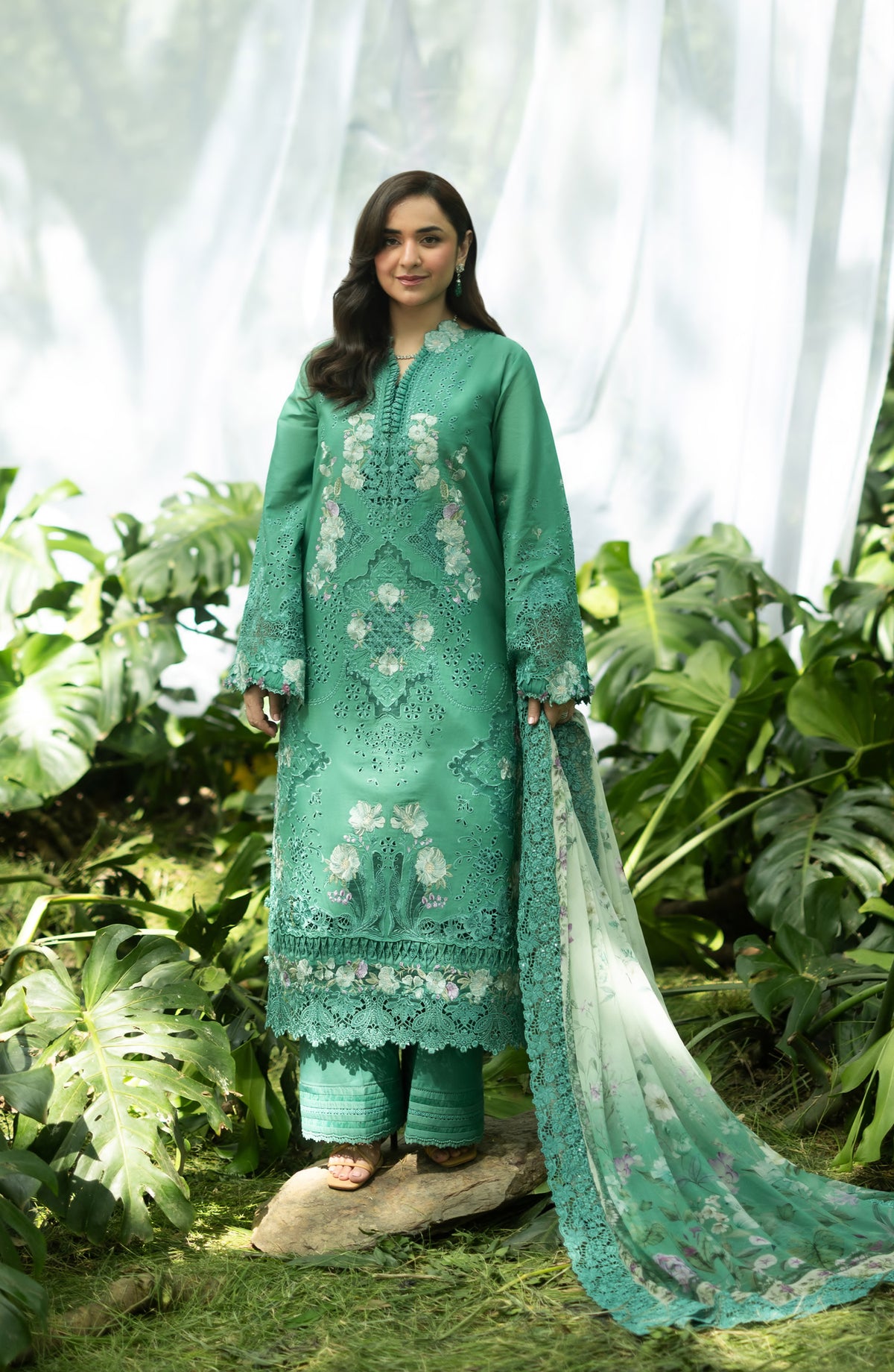 Elaf Luxury Embroidered Lawn Unstitched 3 Piece Suit - ELQ-2A - EL26UNS - Green - Summer Collection