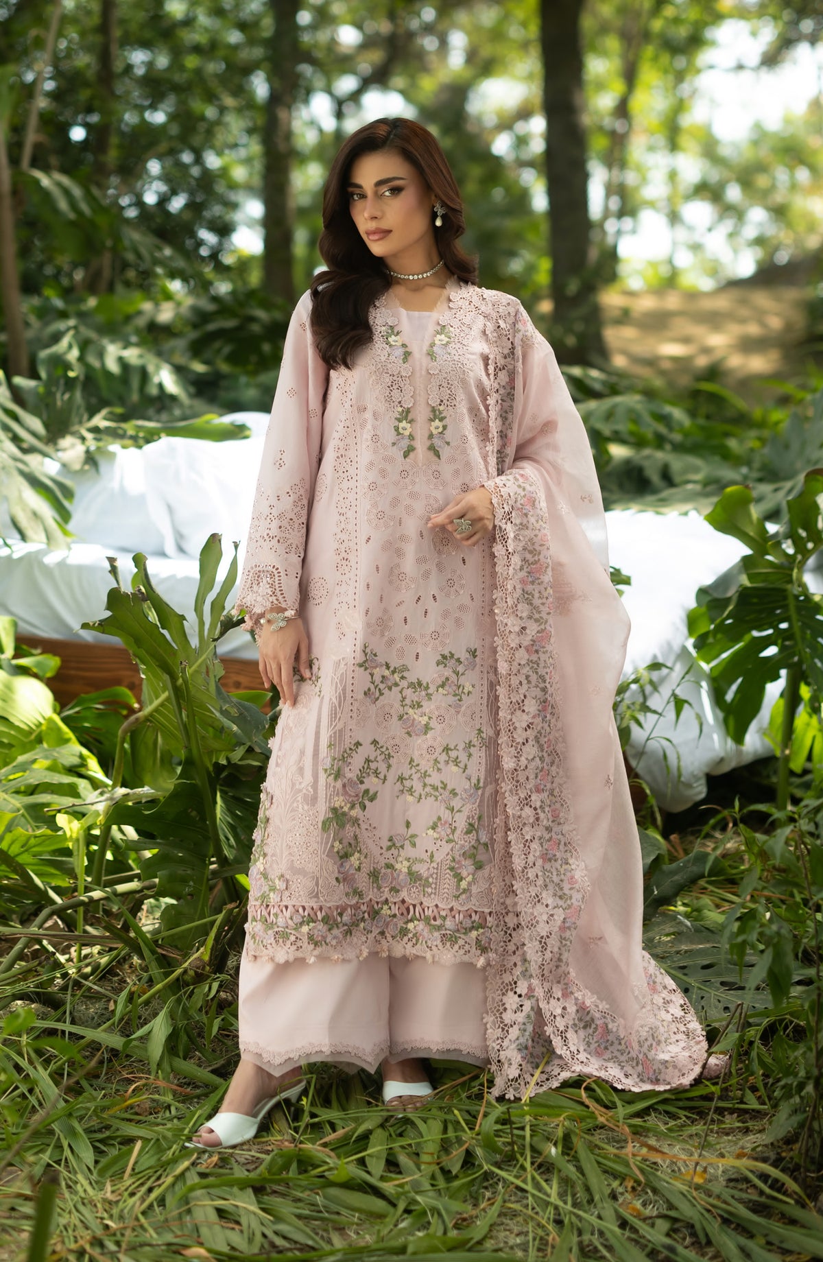 Elaf Luxury Embroidered Lawn Unstitched 3 Piece Suit - ELQ-1B - EL26UNS - Pink - Summer Collection