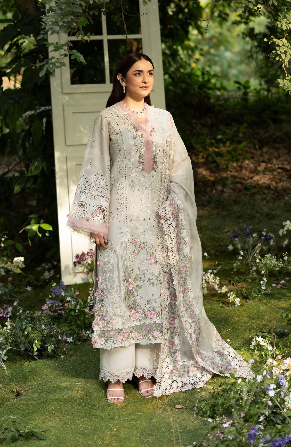 Elaf Luxury Embroidered Lawn Unstitched 3 Piece Suit - ELQ-1A - EL26UNS - White - Summer Collection