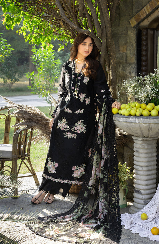 Elaf Luxury Embroidered Lawn Unstitched 3 Piece Suit - ELY-2B MIDNIGHT BLOSSOM - EL26LL - Black - Summer Collection