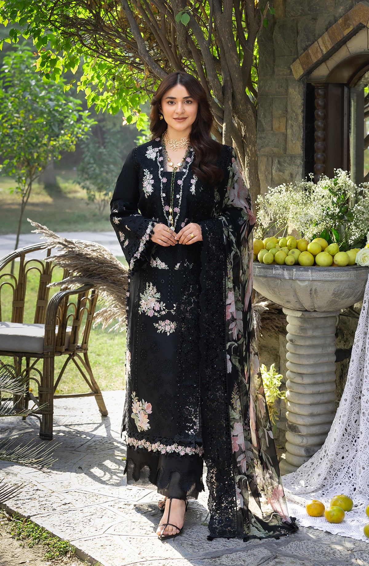 Elaf Luxury Embroidered Lawn Unstitched 3 Piece Suit - ELY-2B MIDNIGHT BLOSSOM - EL26LL - Black - Summer Collection