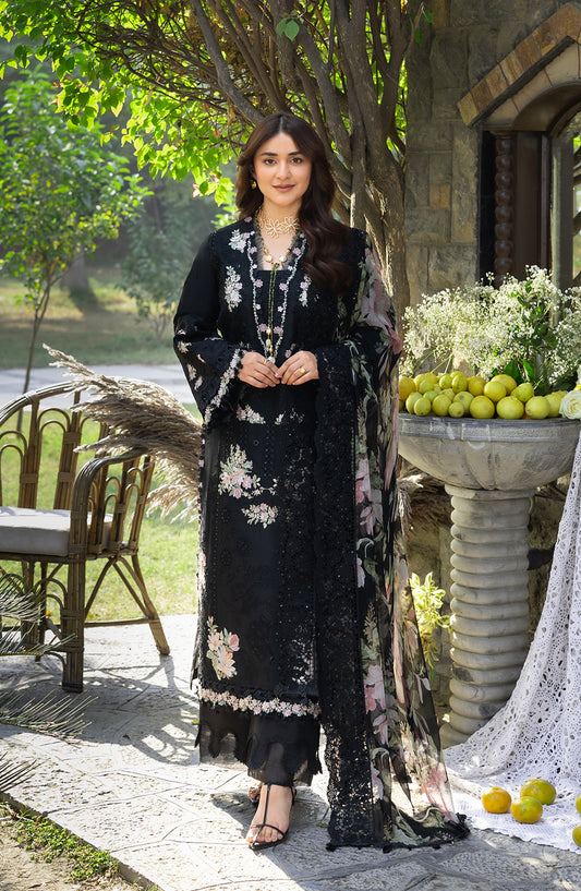 Elaf Luxury Embroidered Lawn Unstitched 3 Piece Suit - ELY-2B MIDNIGHT BLOSSOM - EL26LL - Black - Summer Collection