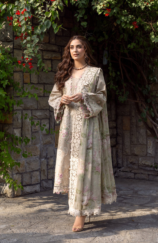 Elaf Luxury Embroidered Lawn Unstitched 3 Piece Suit - ELY-2A CAMELLIA - EL26LL - Grey - Summer Collection