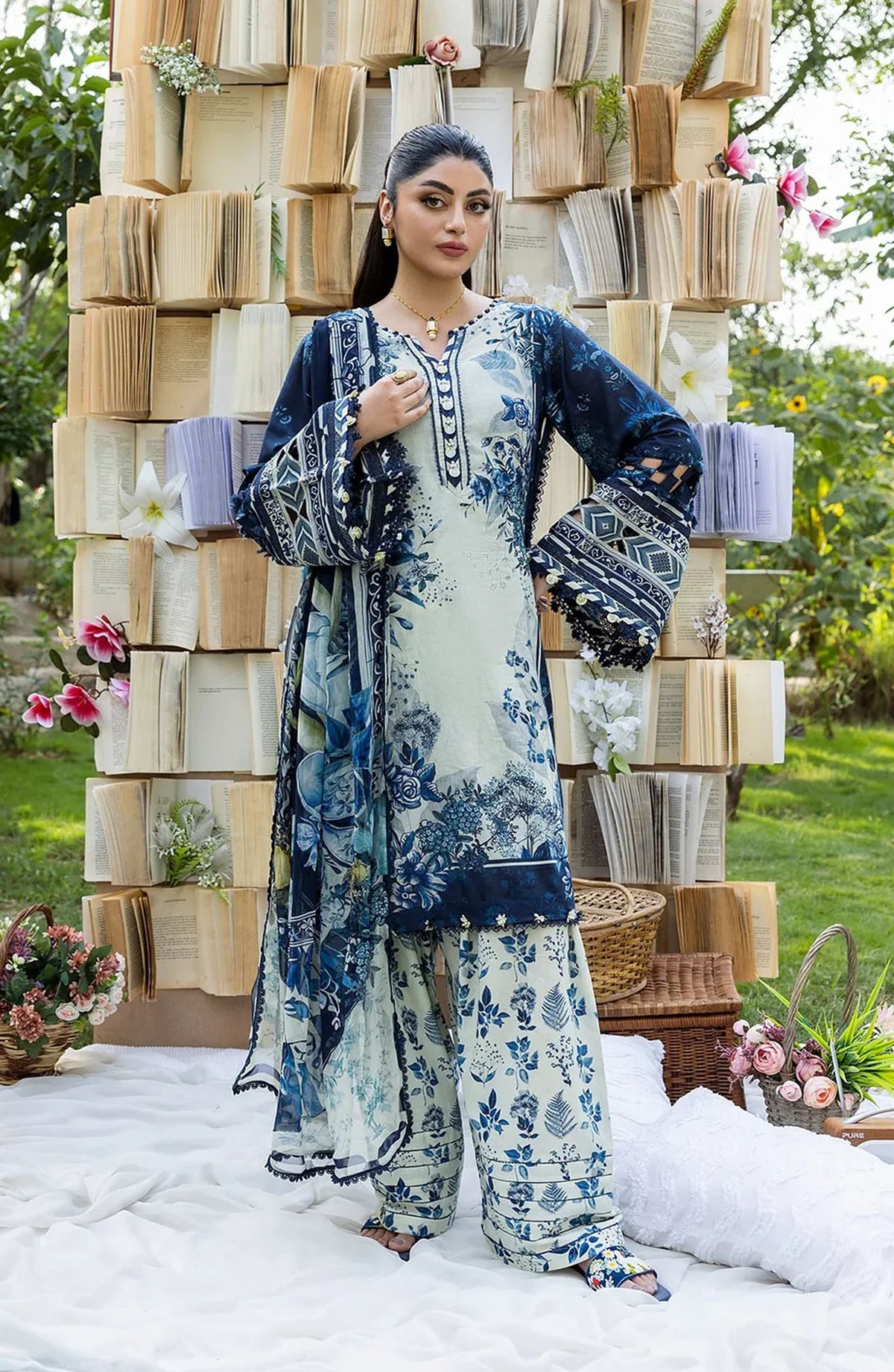 Elaf Printed Lawn Unstitched 3 Piece Suit - ECD-7B BLOOMSTELLA - EL25PRN - Blue - Summer Collection
