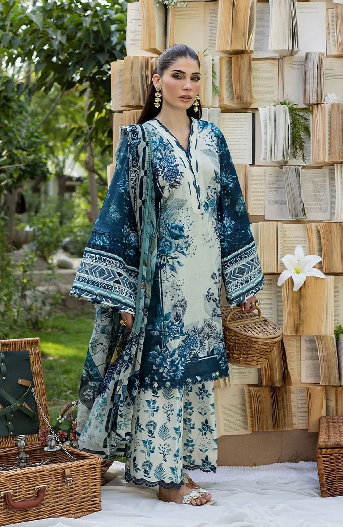 Elaf Printed Lawn Unstitched 3 Piece Suit - ECD-7A FLOREYA - EL25PRN - Blue - Summer Collection