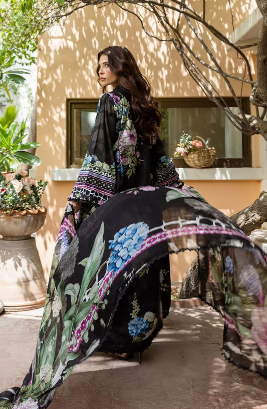 Elaf Printed Lawn Unstitched 3 Piece Suit - ECD-4A MIDNIGHT BLOOM - EL25PRN - Black - Summer Collection
