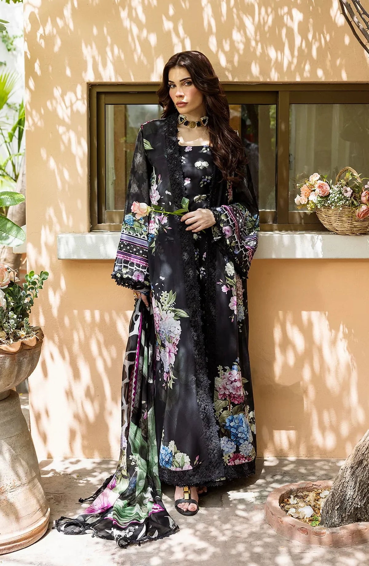 Elaf Printed Lawn Unstitched 3 Piece Suit - ECD-4A MIDNIGHT BLOOM - EL25PRN - Black - Summer Collection