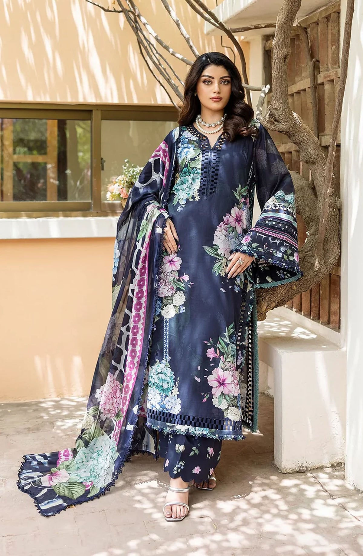 Elaf Printed Lawn Unstitched 3 Piece Suit - ECD-4B TWILIGHT GARDEN - EL25PRN - Blue - Summer Collection