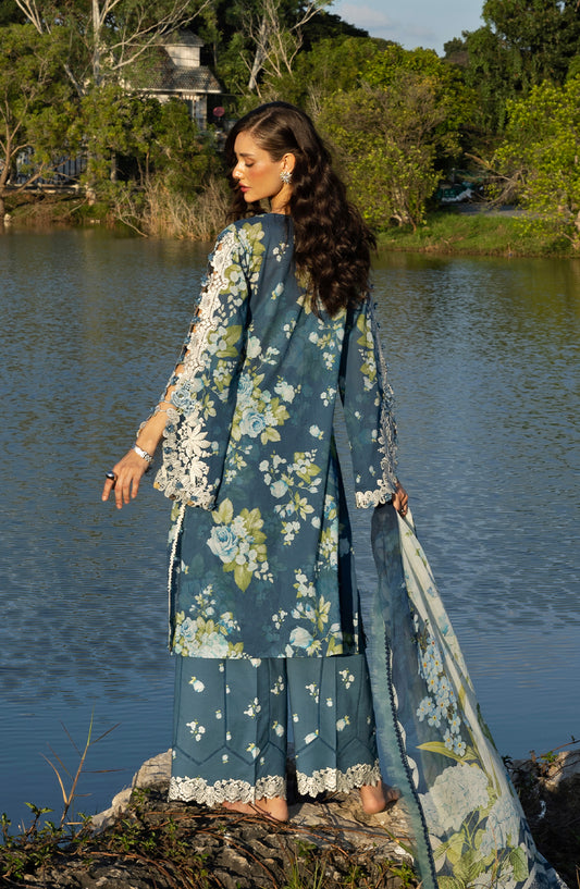 Elaf Signature Embroidered Lawn Unstitched 3 Piece Suit - ESA-7B Sea Enchantress - EL26EM - Teal - Luxury Collection