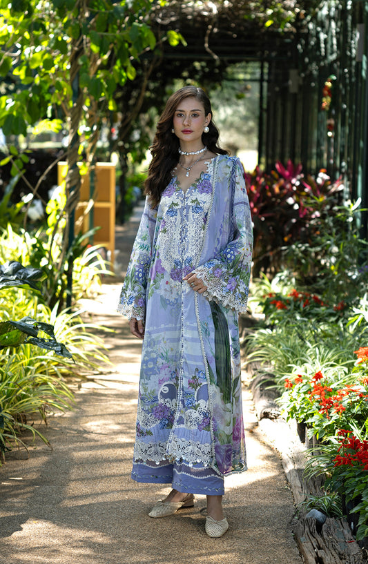 Elaf Signature Embroidered Lawn Unstitched 3 Piece Suit - ESA-6A Moonlit Petals - EL26EM - Blue - Luxury Collection