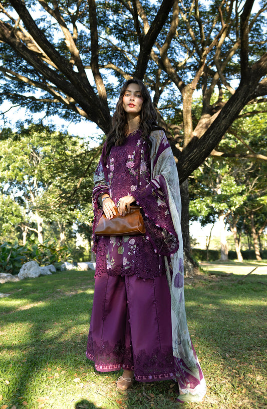 Elaf Signature Embroidered Lawn Unstitched 3 Piece Suit - ESA-5B Darling Plum - EL26EM - Purple - Luxury Collection