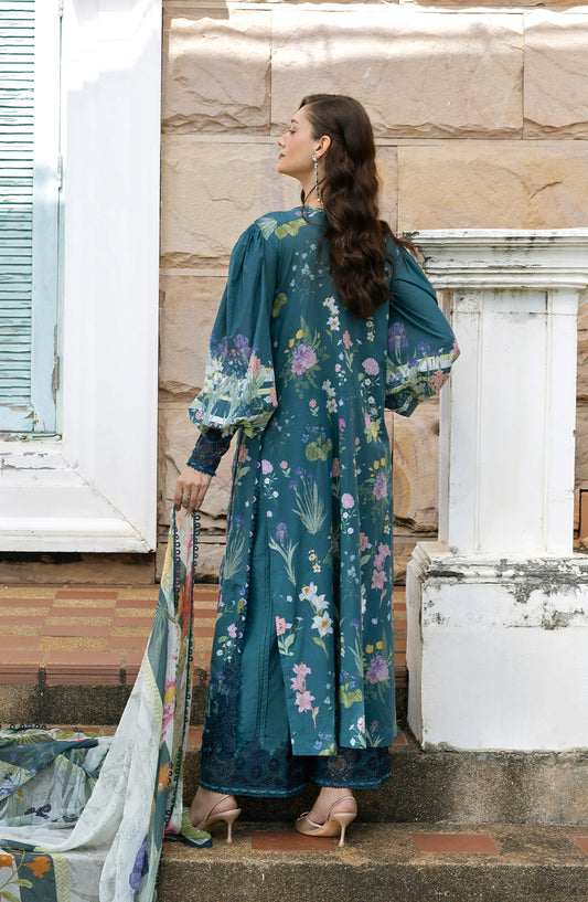 Elaf Signature Embroidered Lawn Unstitched 3 Piece Suit - ESA-5A Oceana Veil - EL26EM - Teal - Luxury Collection
