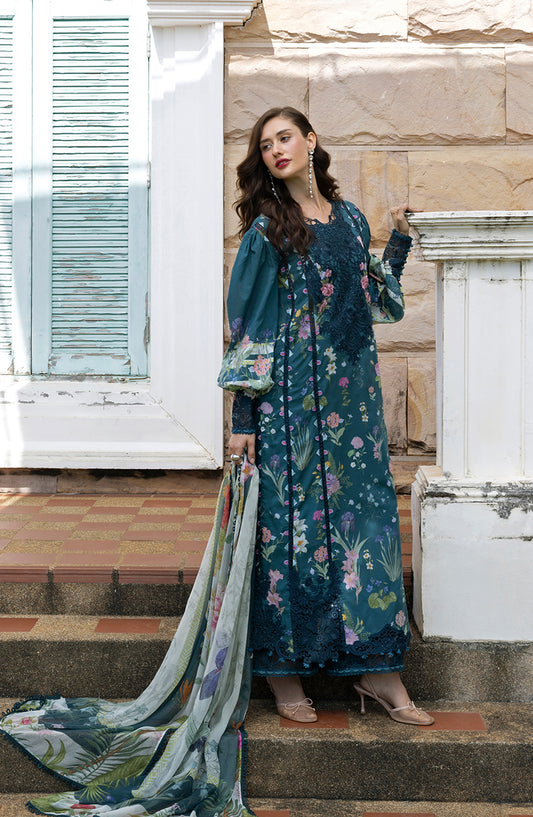 Elaf Signature Embroidered Lawn Unstitched 3 Piece Suit - ESA-5A Oceana Veil - EL26EM - Teal - Luxury Collection