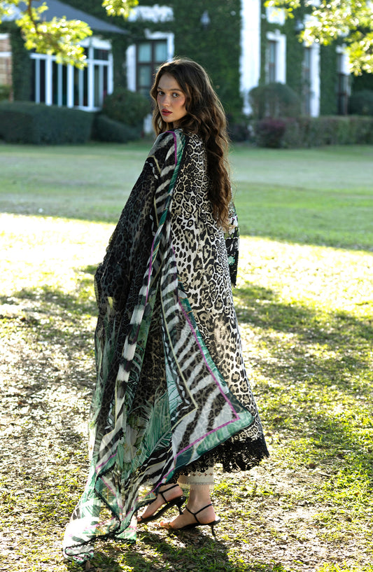 Elaf Signature Embroidered Lawn Unstitched 3 Piece Suit - ESA-3A Belladurne - EL26EM - Black - Luxury Collection