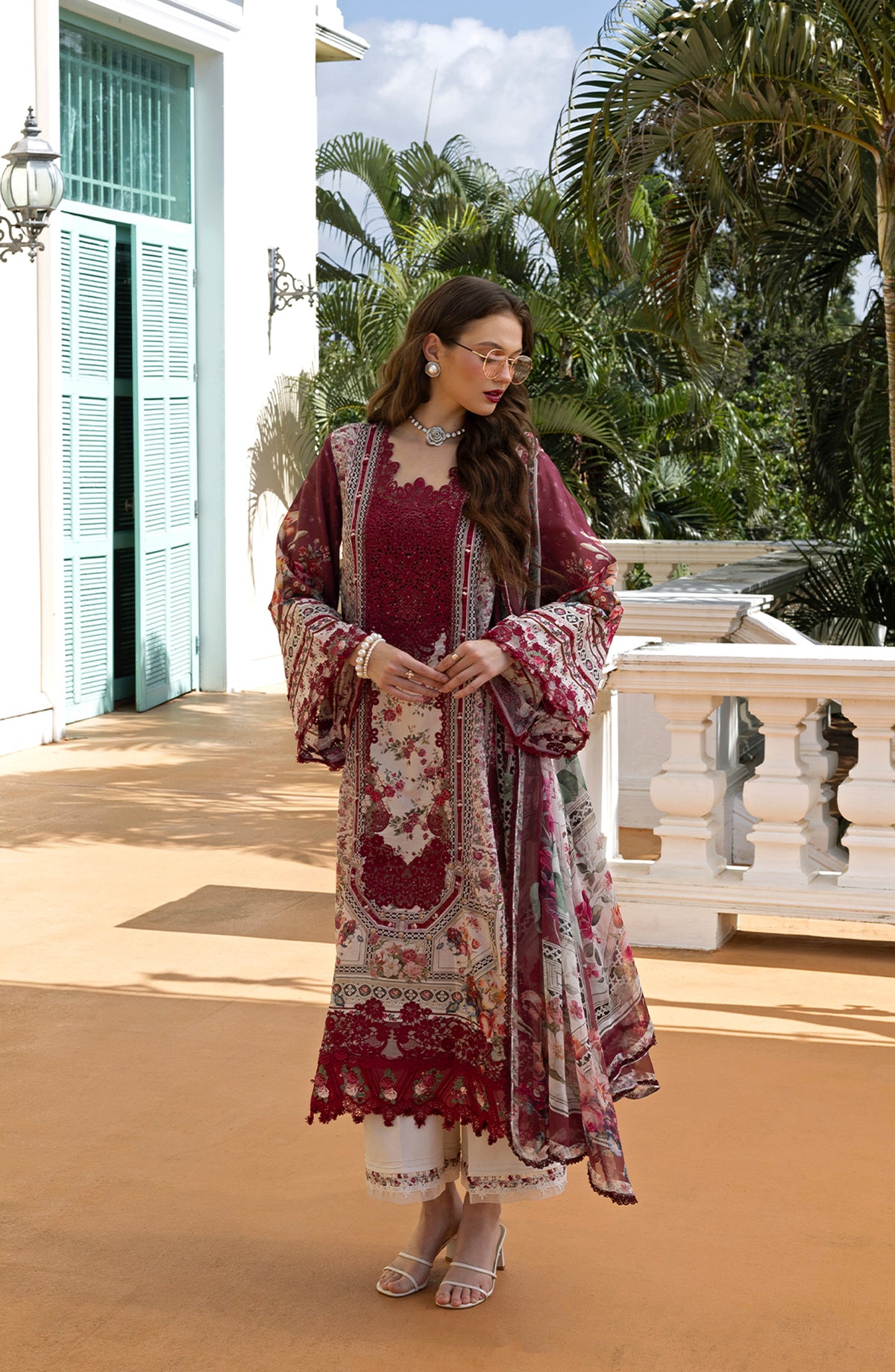 Elaf Signature Embroidered Lawn Unstitched 3 Piece Suit - ESA-2B Ruby Lady - EL26EM - Maroon - Luxury Collection