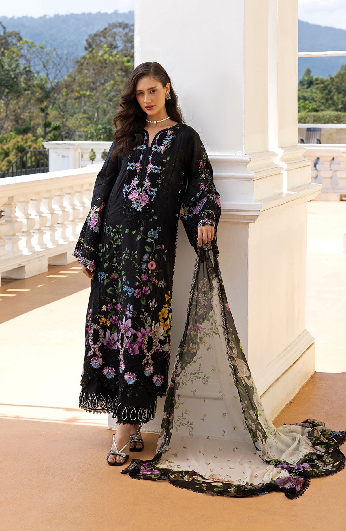 Elaf Signature Embroidered Lawn Unstitched 3 Piece Suit - ESA-1B Black Throne - EL26EM - Black - Luxury Collection